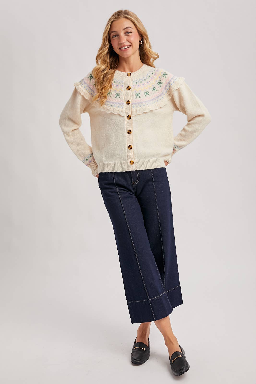 BUTTON FRONT FAIR ISLE KNIT SWEATER TOP