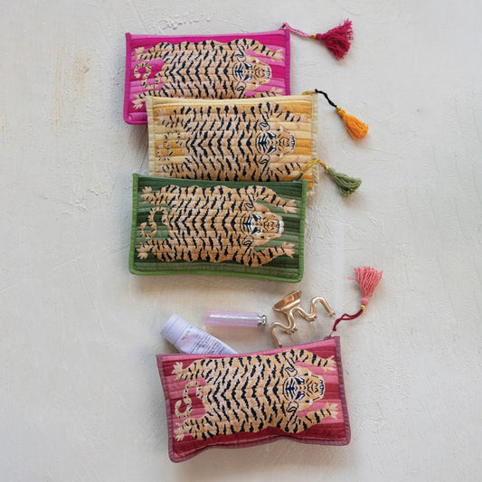 Cotton Voile Printed Zip Pouch with Tiger