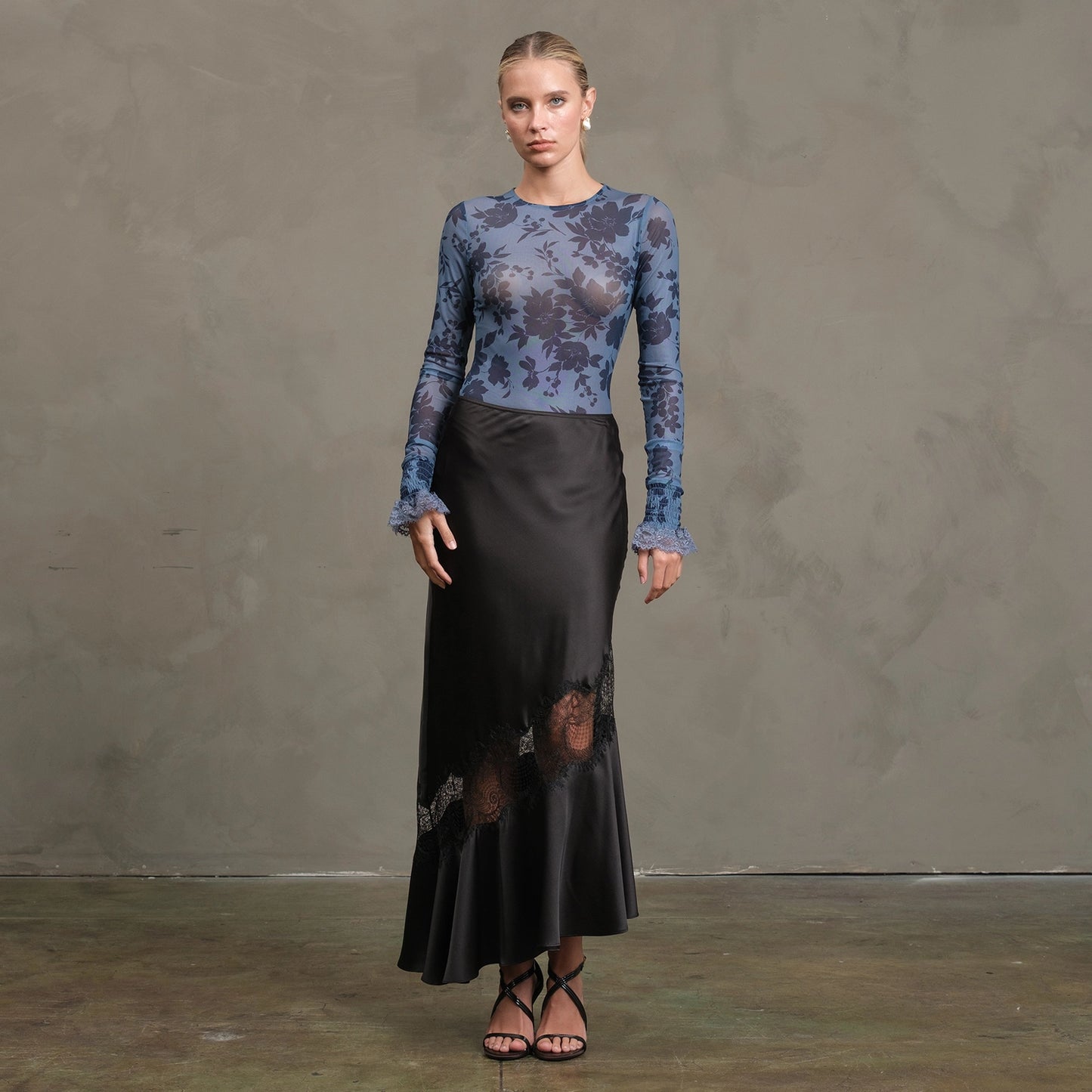 Satin Bias Lace Panel Skirt