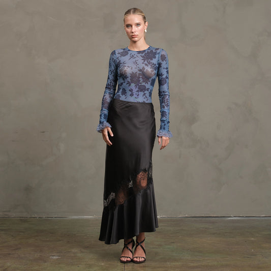 Satin Bias Lace Panel Skirt