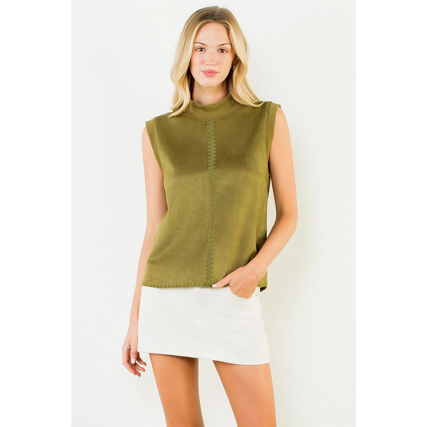 Sleeveless Suede Top with Stitch Detail