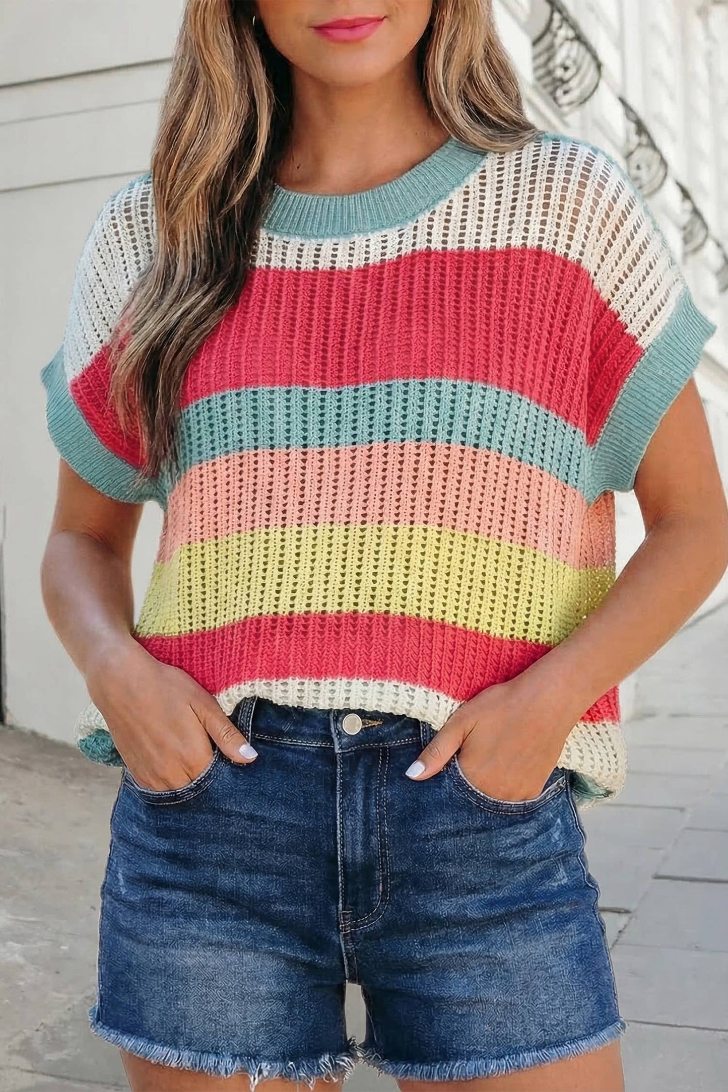 Colorblock Hollow Out Knit Short Sleeve Sweater