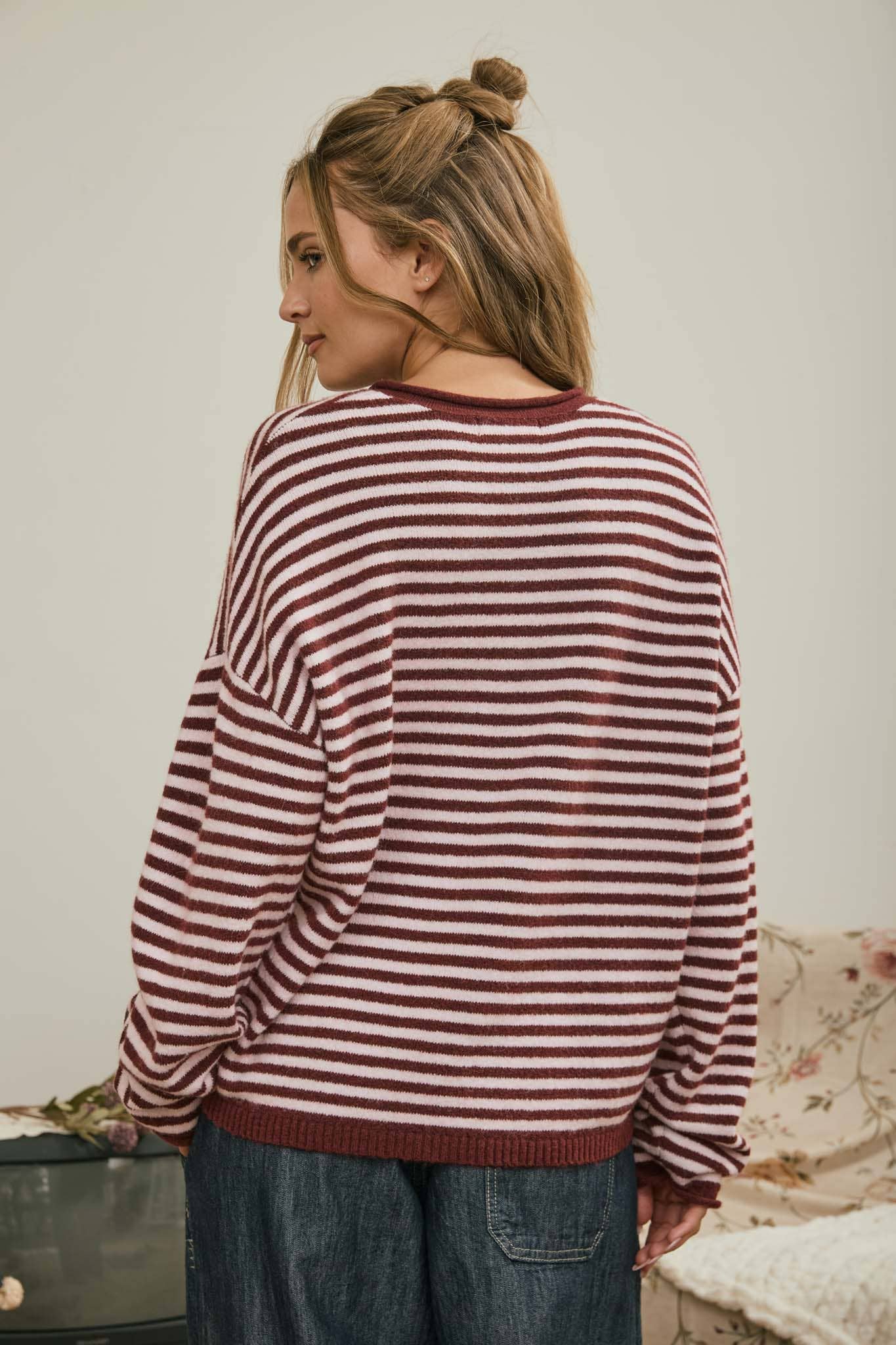 BUTTON HENLEY STRIPE LONG SLEEVE DROP SHOULDER SWEATER