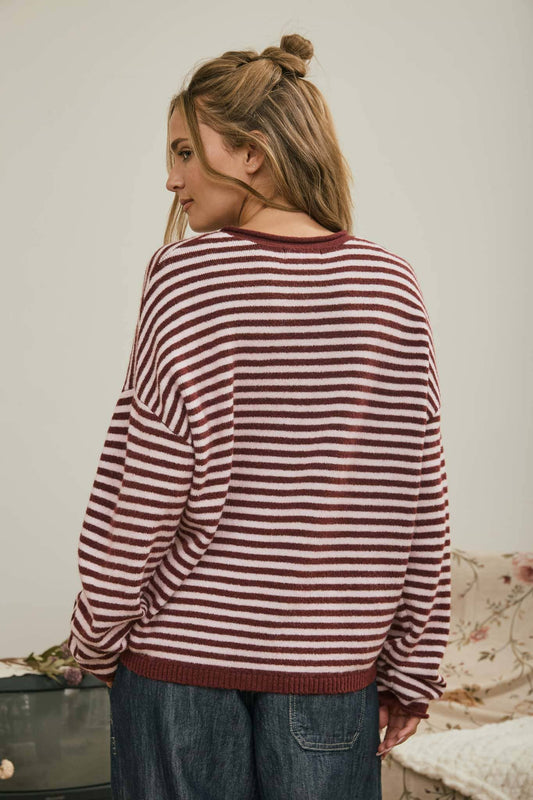 BUTTON HENLEY STRIPE LONG SLEEVE DROP SHOULDER SWEATER