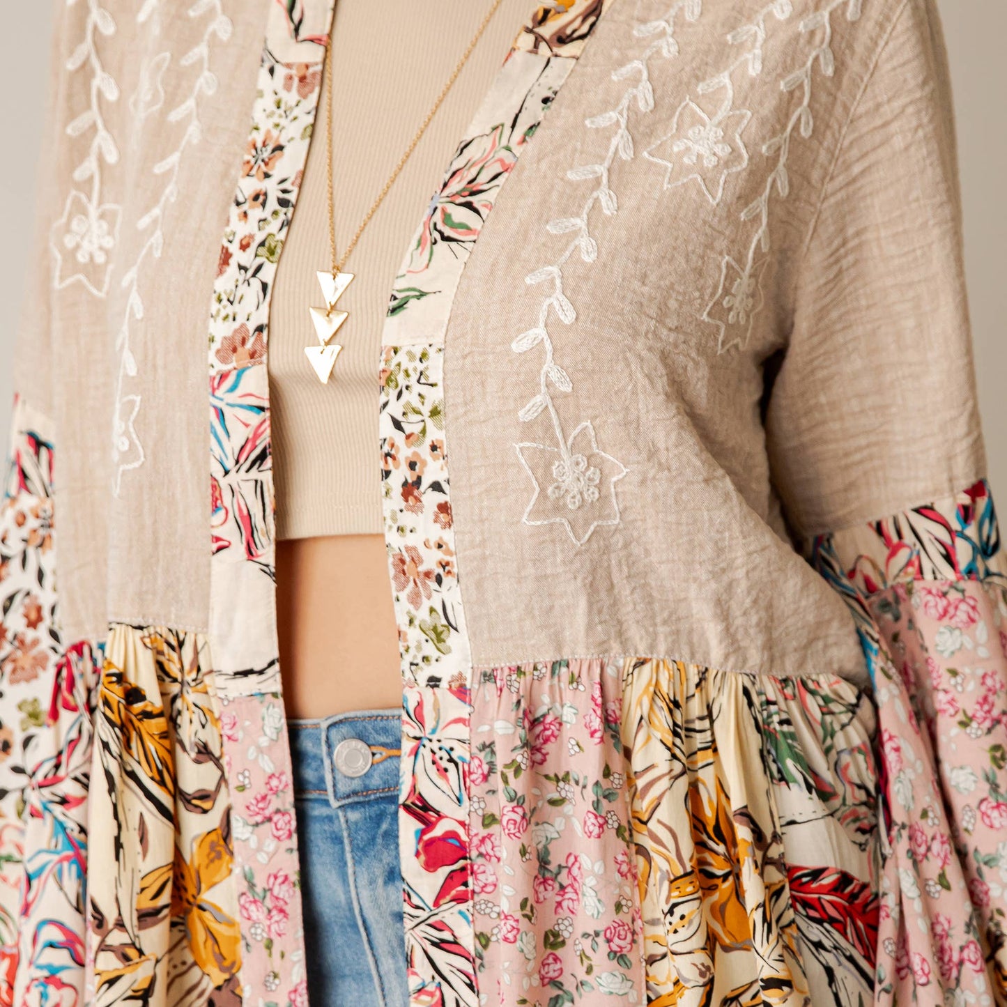 Boho Floral Embroidered Open Front Lace Trim Cardigan