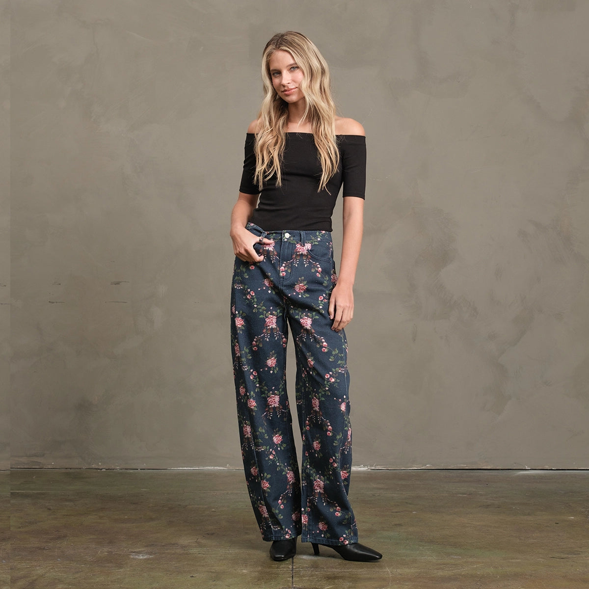 Floral Printed Denim Pants