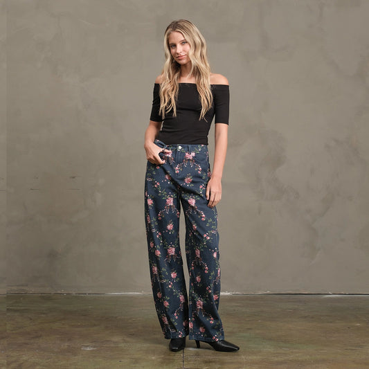 Floral Printed Denim Pants