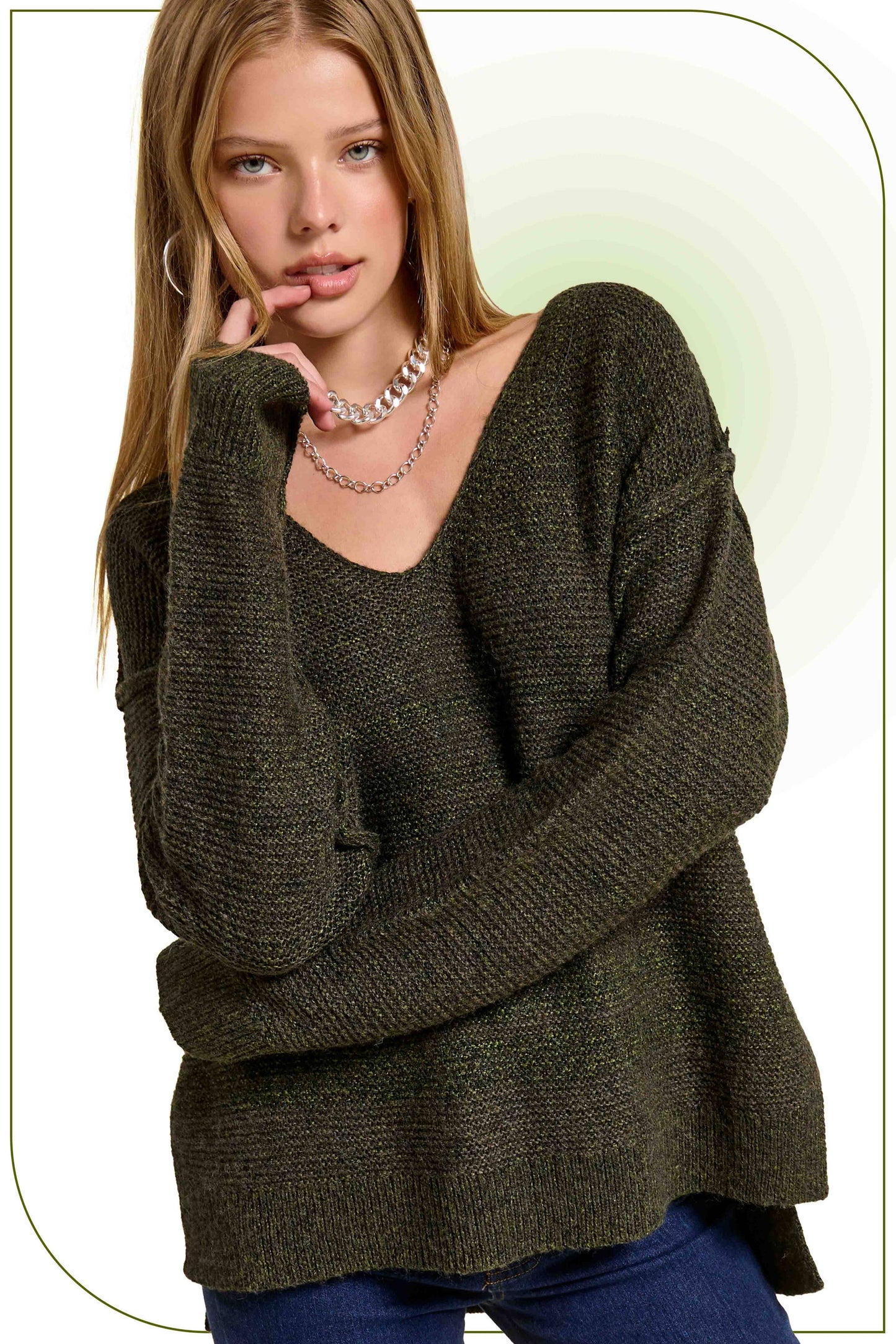 Marled High-Low V-Neck Sweater Exposed Seams Fall