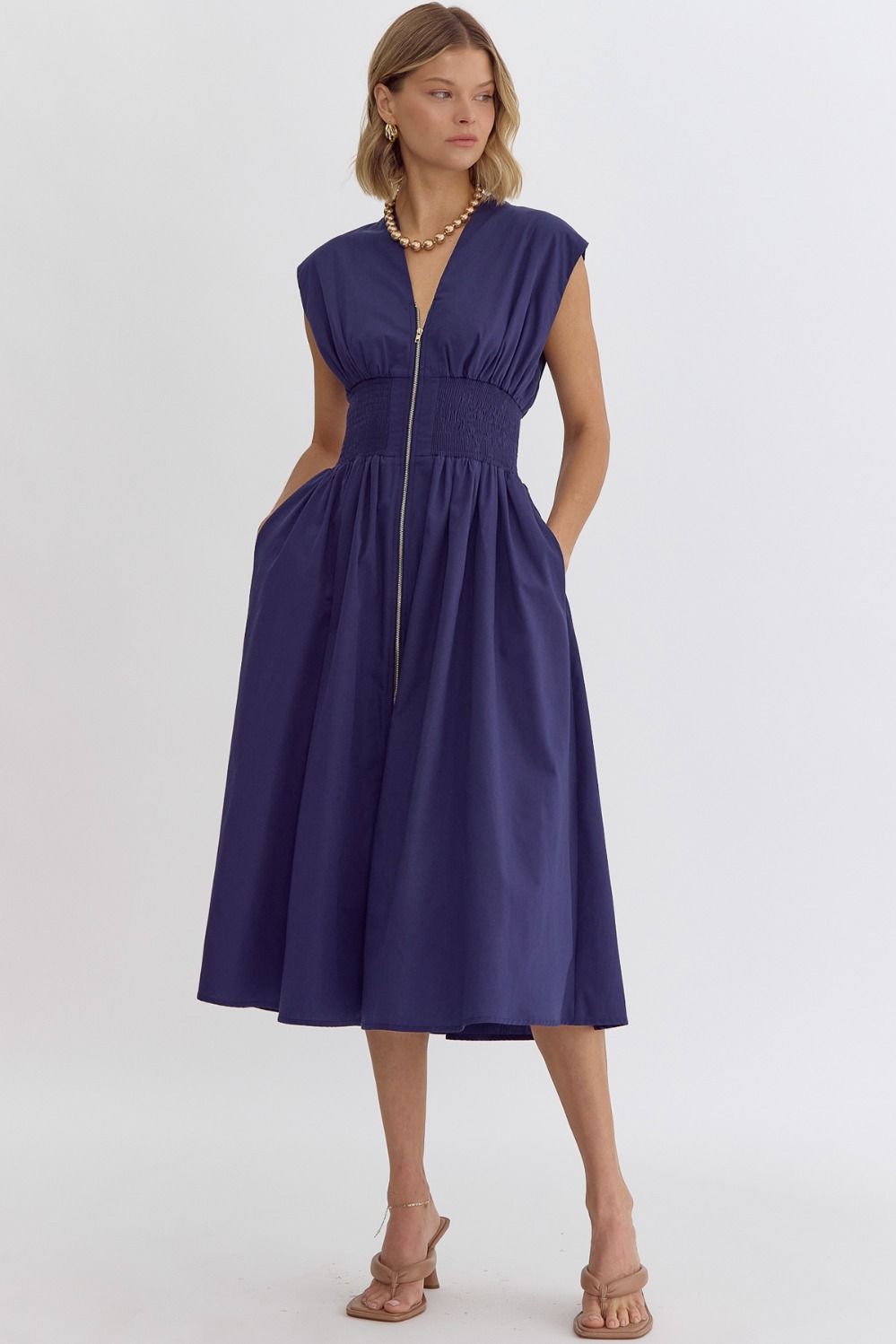 Smocked Waist Sleeveless Zip Front Dress Entro