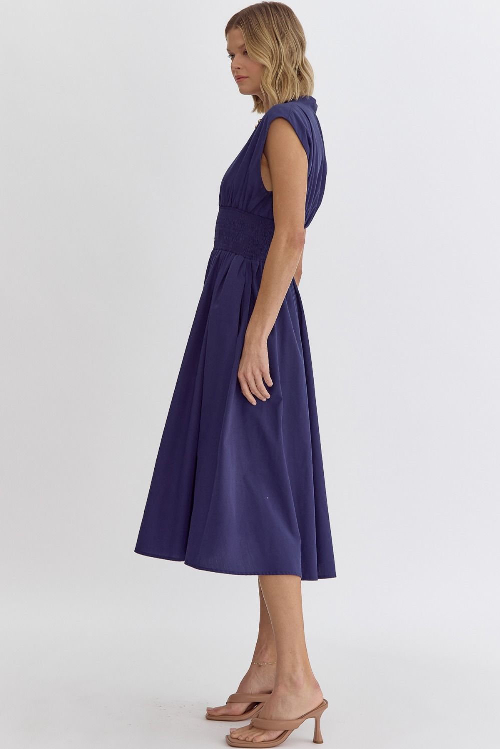 Smocked Waist Sleeveless Zip Front Dress Entro