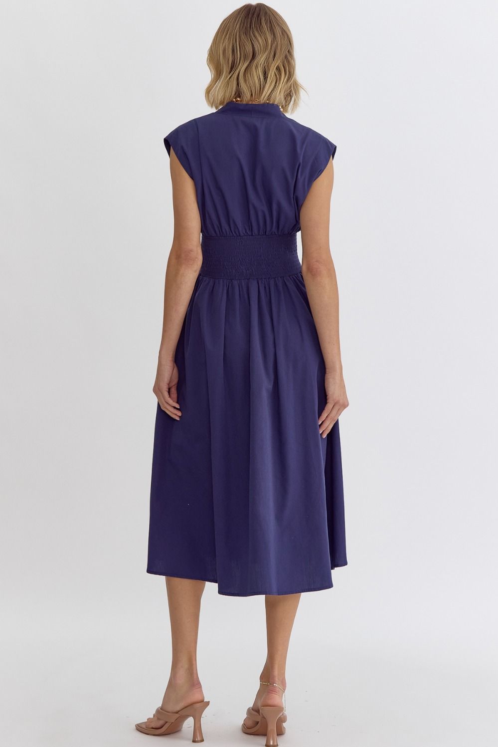 Smocked Waist Sleeveless Zip Front Dress Entro