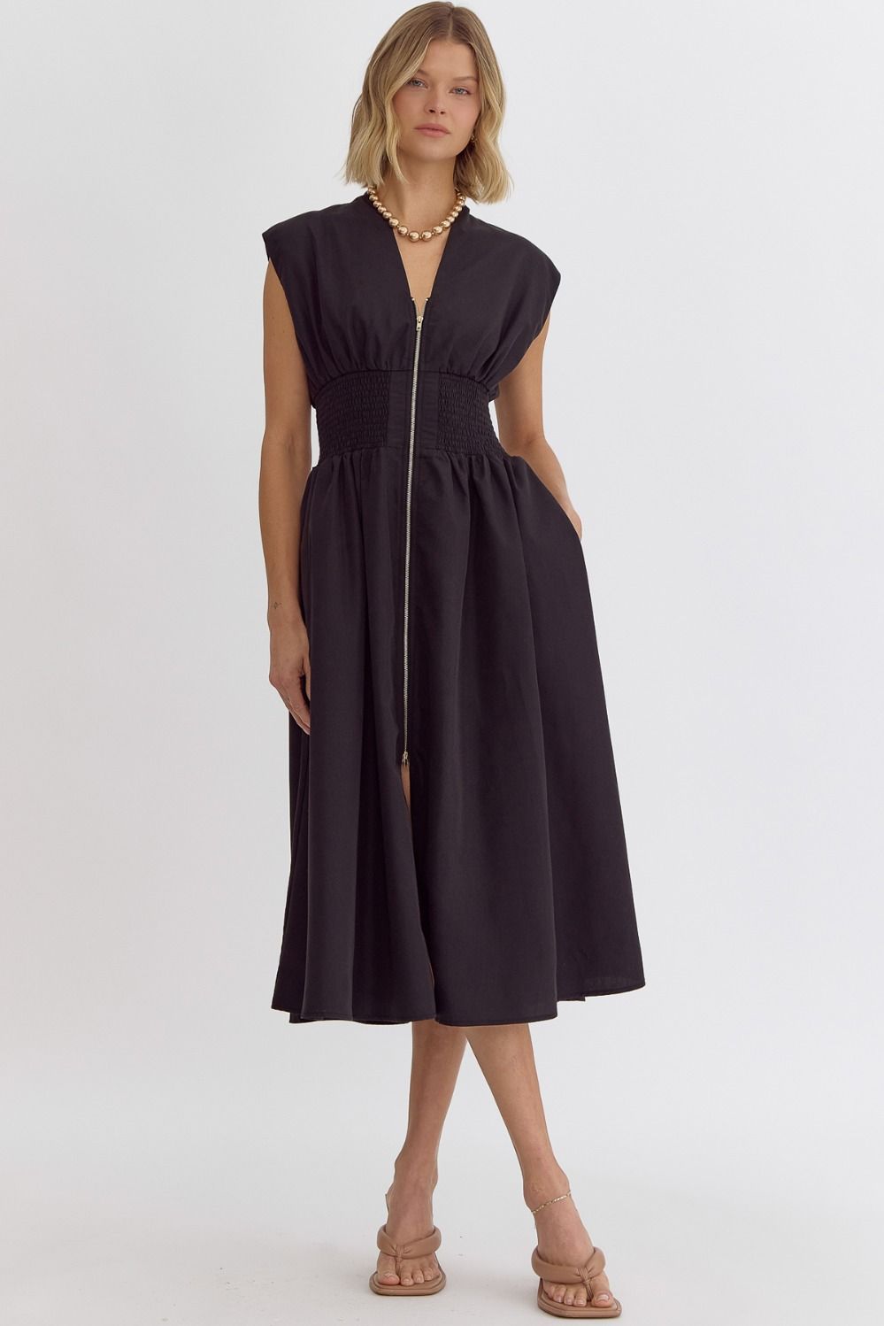 Smocked Waist Sleeveless Zip Front Dress Entro