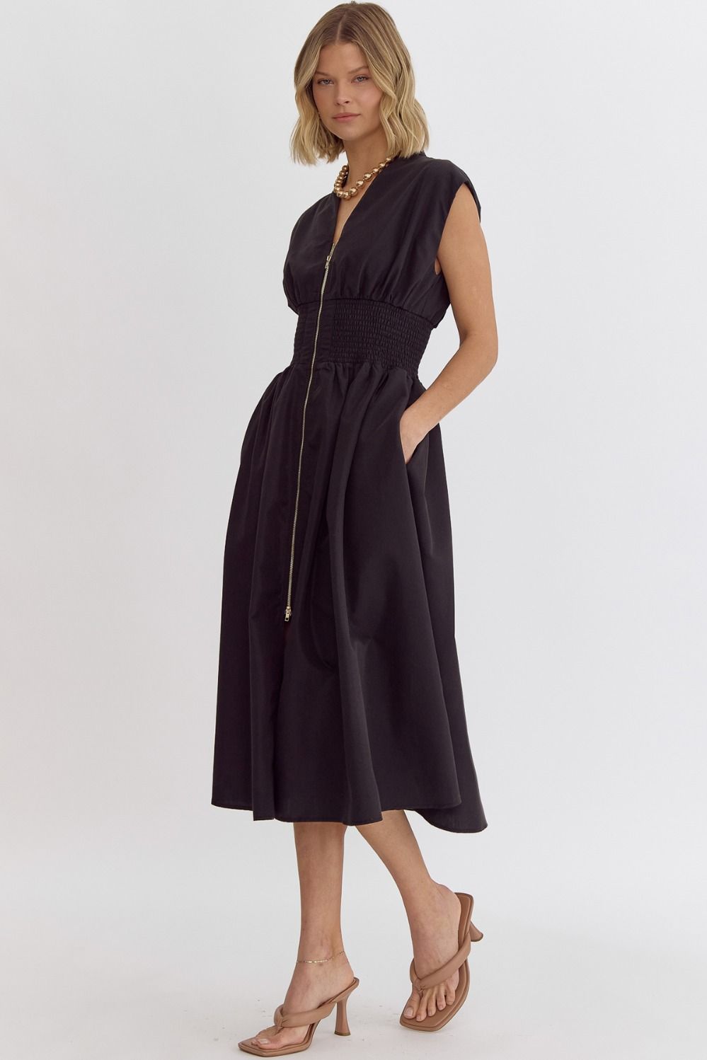 Smocked Waist Sleeveless Zip Front Dress Entro