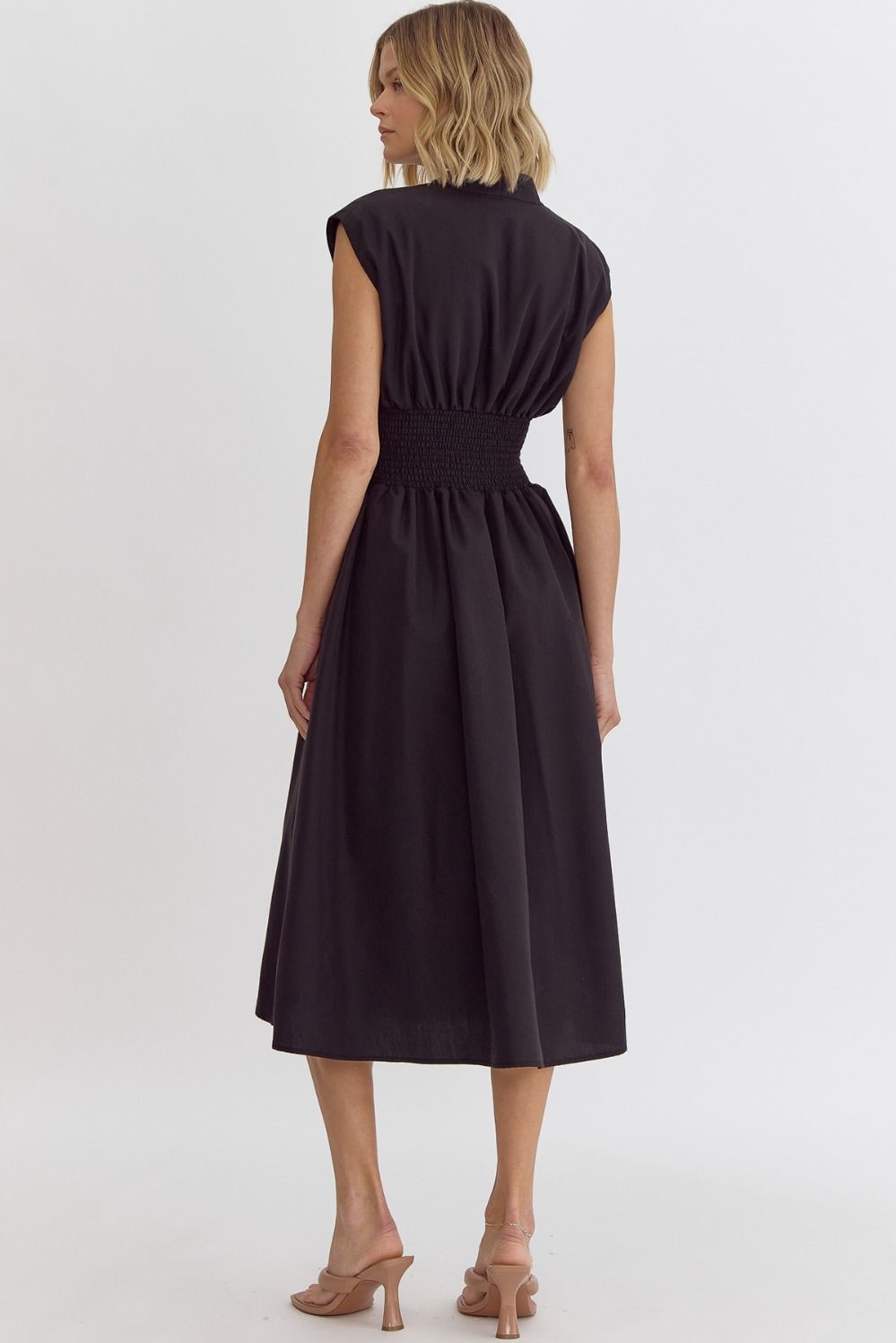 Smocked Waist Sleeveless Zip Front Dress Entro