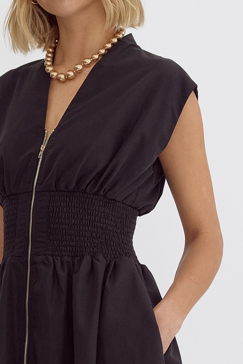 Smocked Waist Sleeveless Zip Front Dress Entro