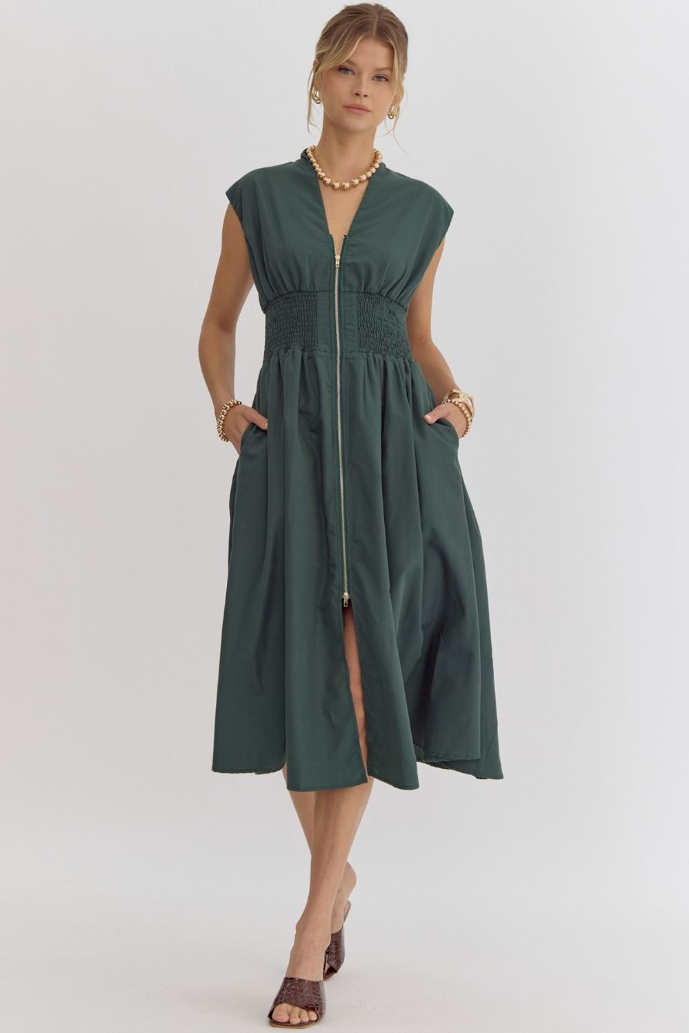 Smocked Waist Sleeveless Zip Front Dress Entro