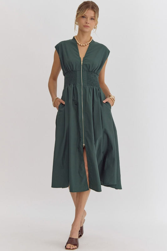 Smocked Waist Sleeveless Zip Front Dress Entro