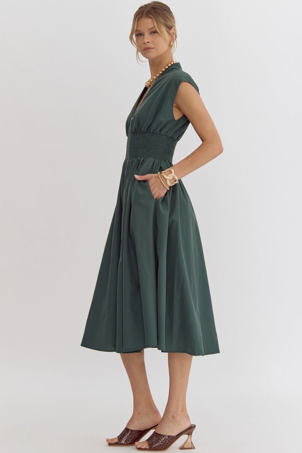 Smocked Waist Sleeveless Zip Front Dress Entro