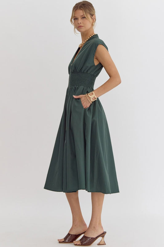 Smocked Waist Sleeveless Zip Front Dress Entro
