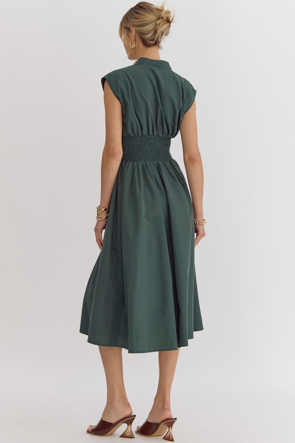 Smocked Waist Sleeveless Zip Front Dress Entro