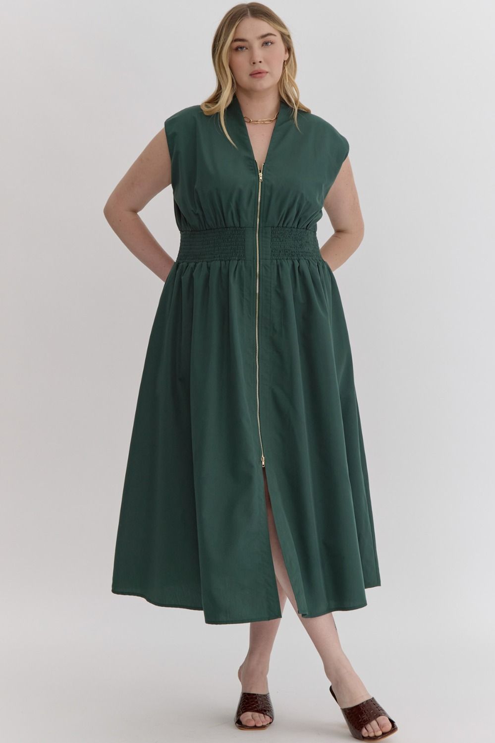 Smocked Waist Sleeveless Zip Front Dress Entro