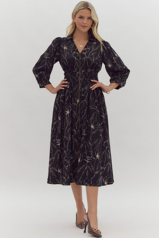 Smocked Waist 3/4 Sleeve Zip Front Dress Entro