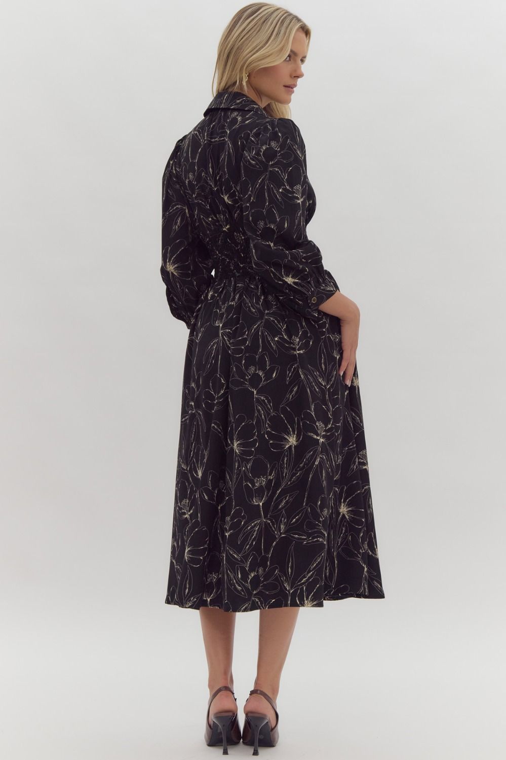 Smocked Waist 3/4 Sleeve Zip Front Dress Entro