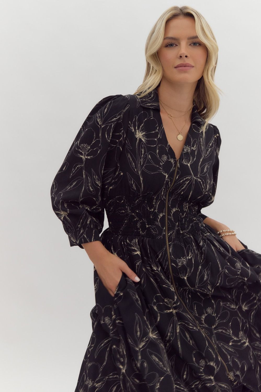 Smocked Waist 3/4 Sleeve Zip Front Dress Entro