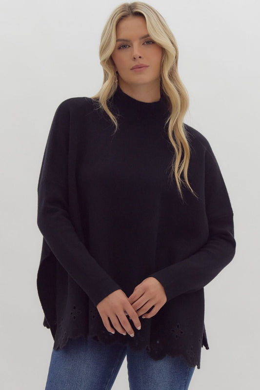 Solid Mock Neck Long-Sleeve Oversize Sweater Knit Pullover Entro
