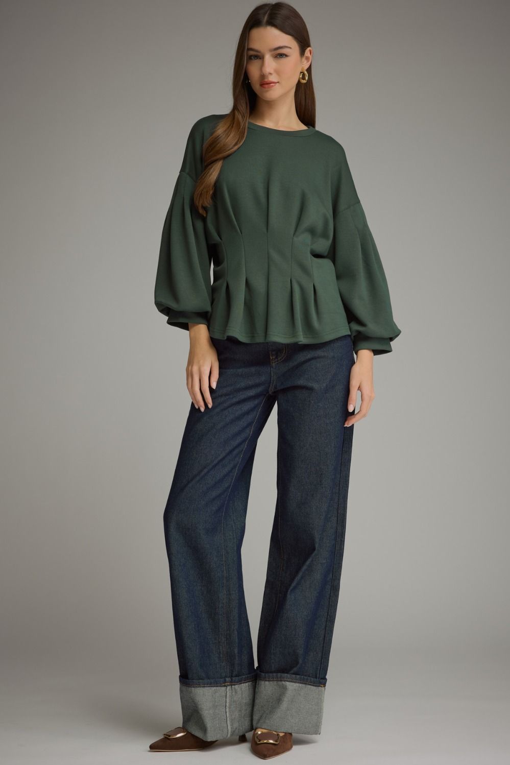 Pleated Waist Balloon Sleeve Top