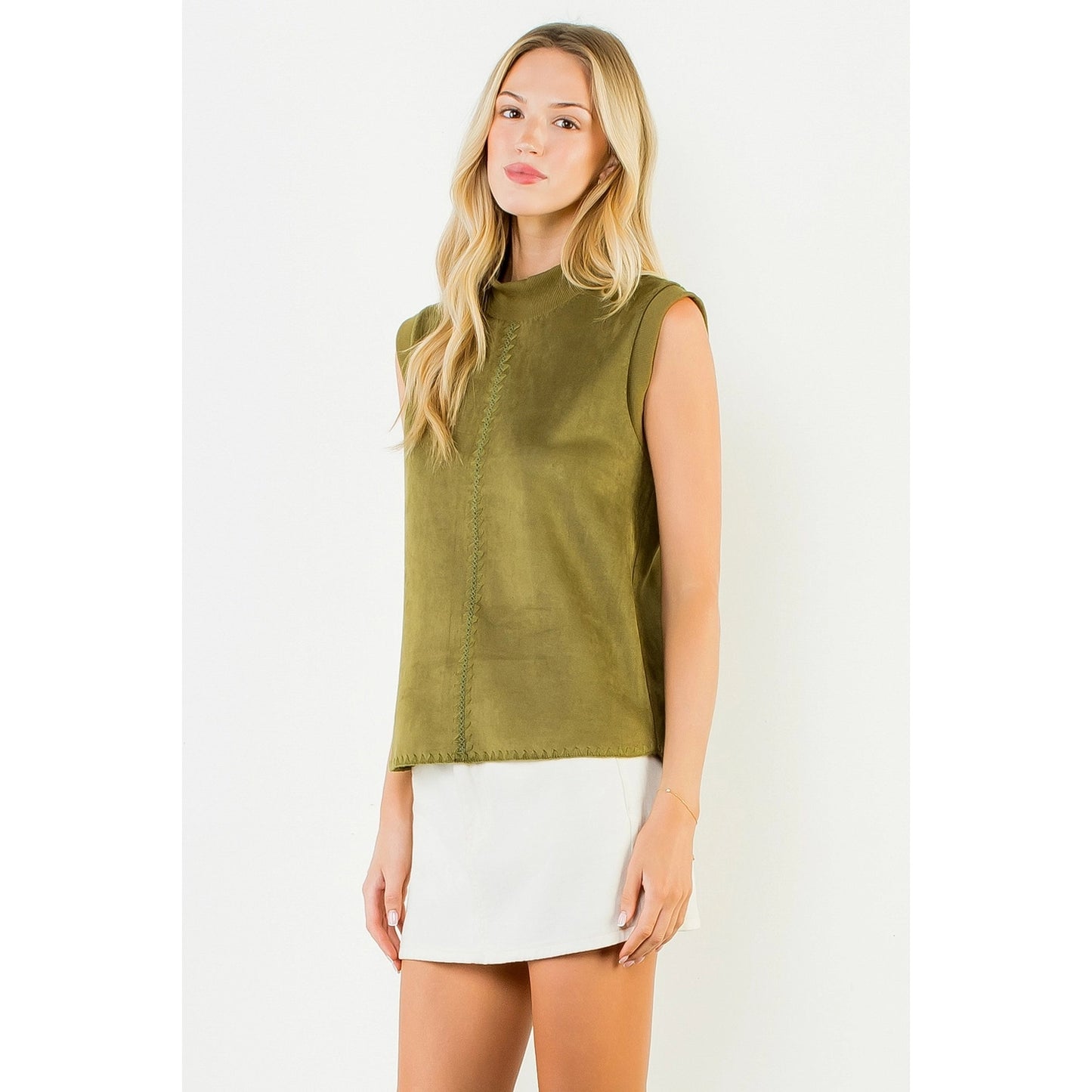 Sleeveless Suede Top with Stitch Detail