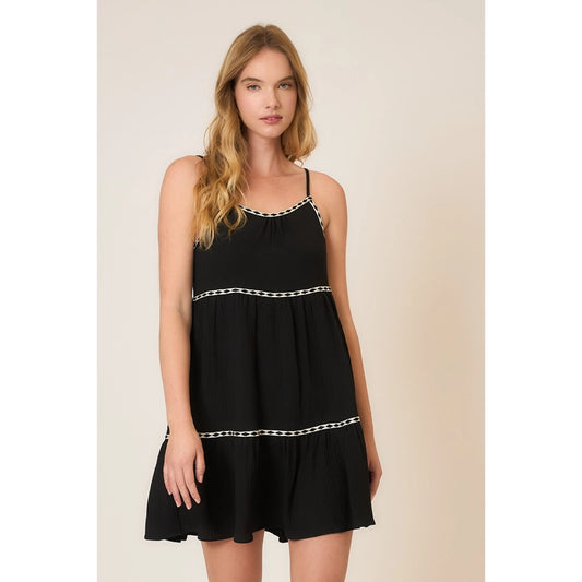 Tape Trim Sleeveless Tiered Mini Dress