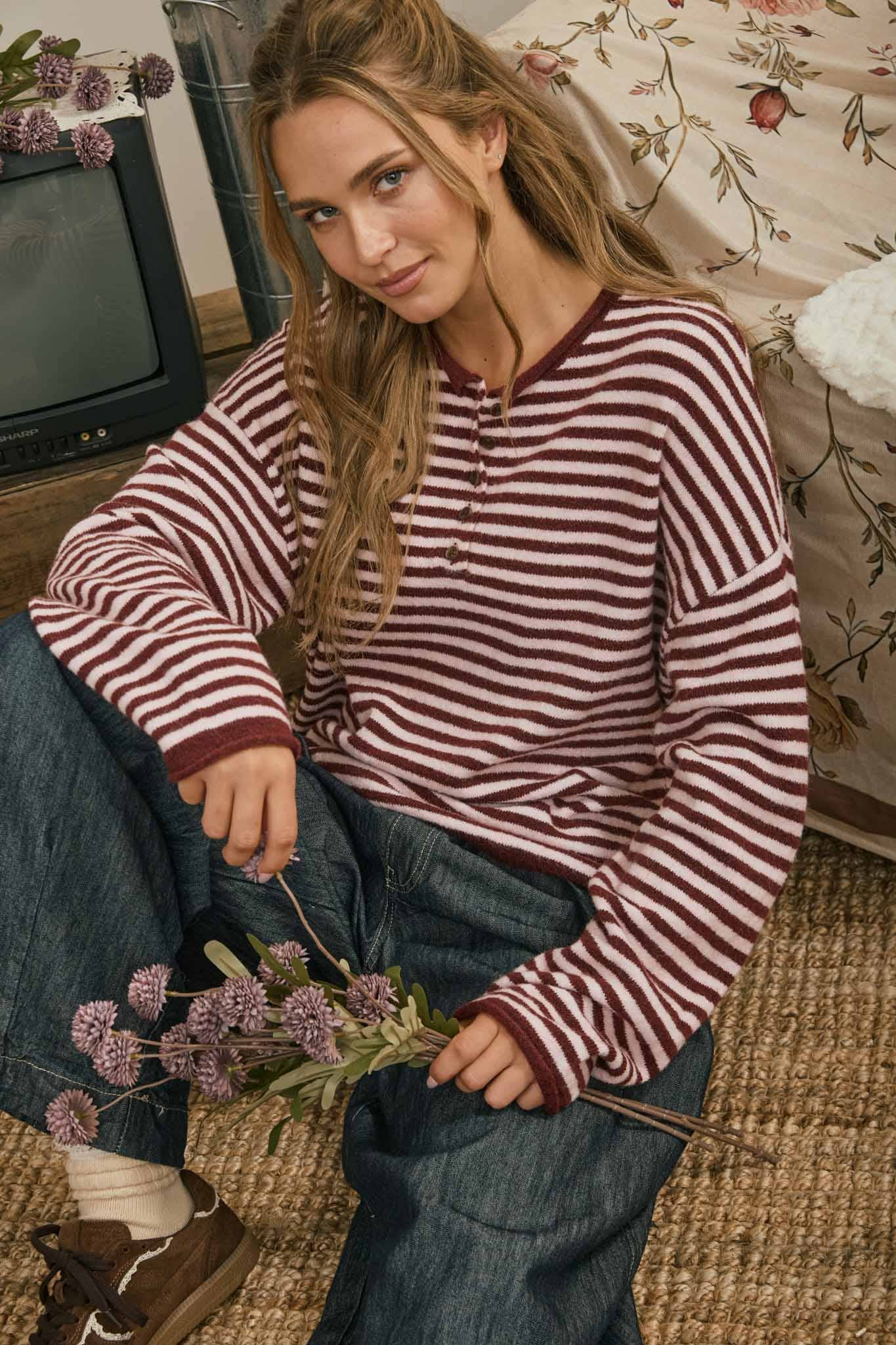 BUTTON HENLEY STRIPE LONG SLEEVE DROP SHOULDER SWEATER