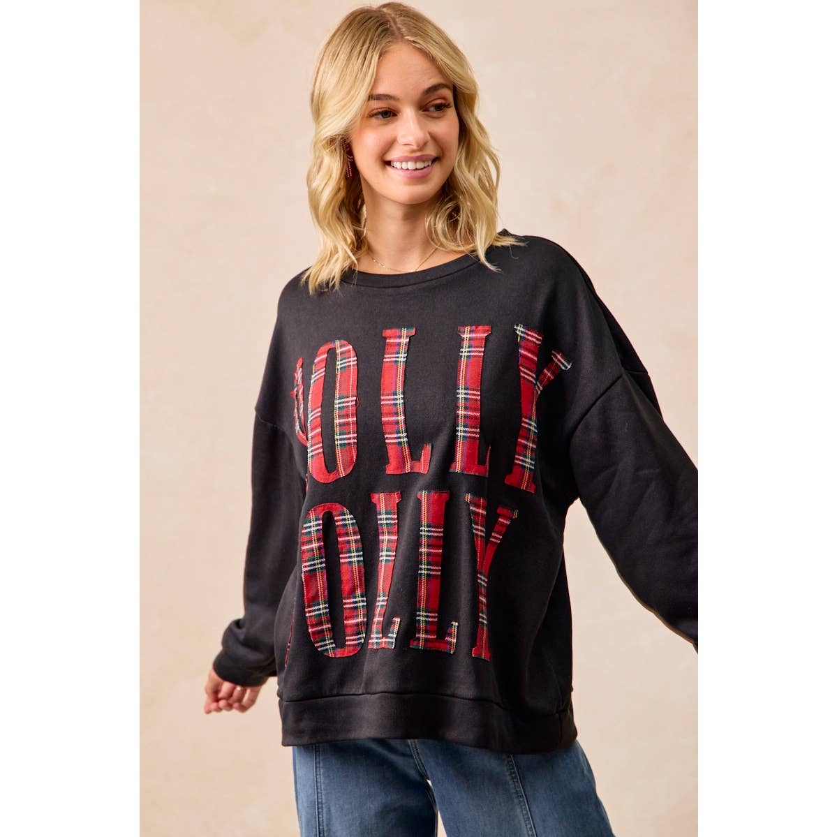 PLAID HOLLY JOLLY LETTERING CHRISTMAS SWEATSHIRT
