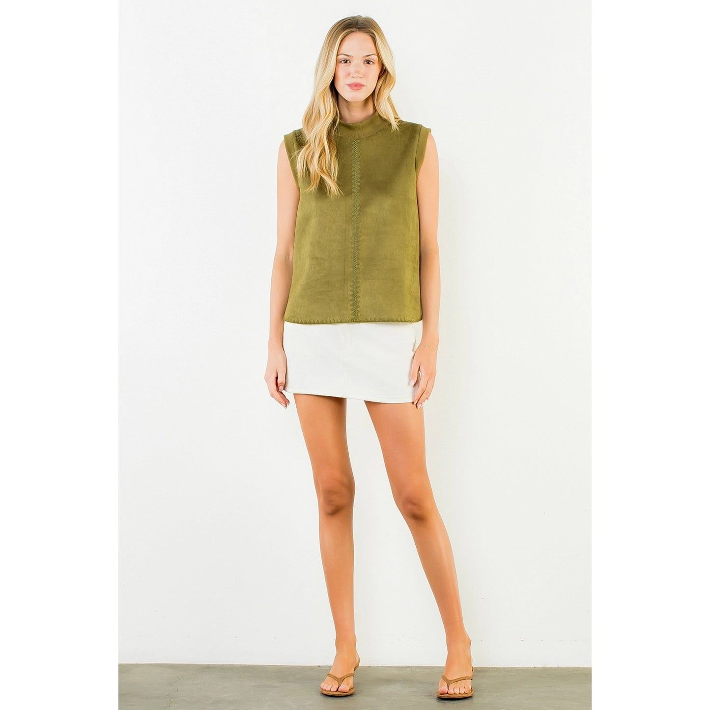 Sleeveless Suede Top with Stitch Detail