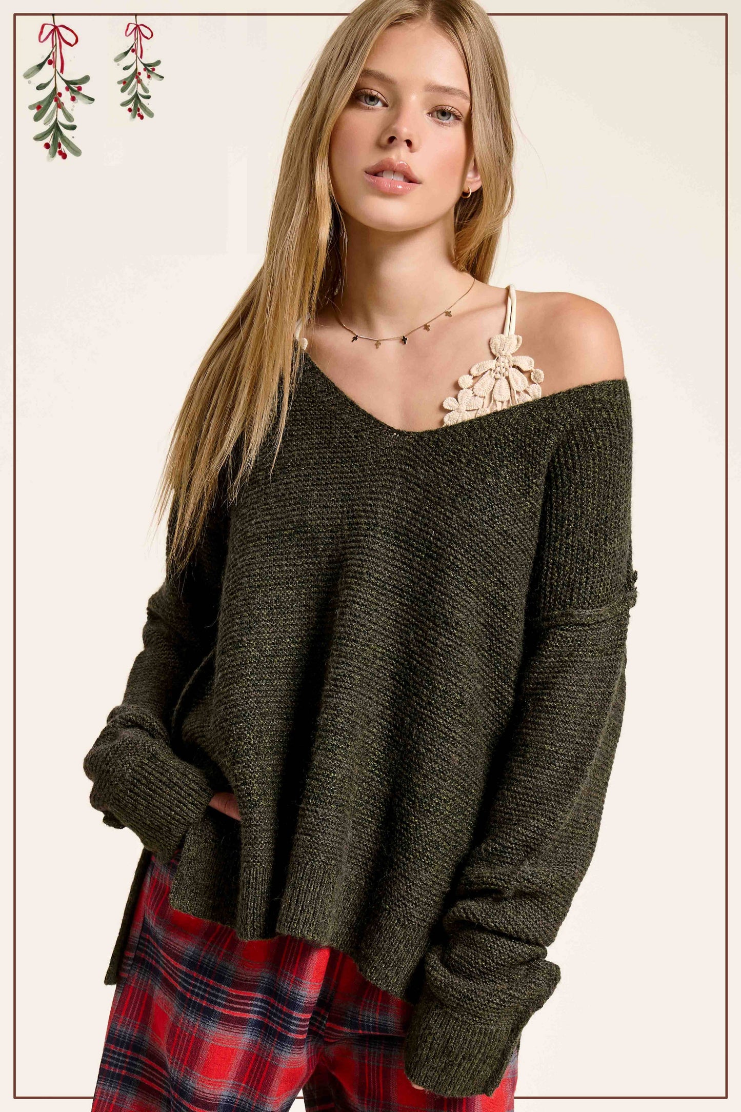 Marled High-Low V-Neck Sweater Exposed Seams Fall