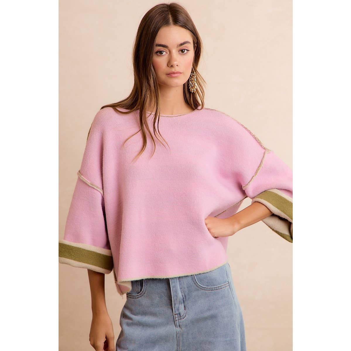 STRIPE CONTRAST BINDING AND REVERSIBLE SWEATER