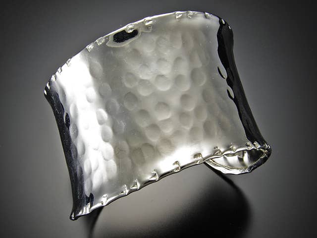 Silver Plated Adjustable Cuff Bracelet - Hammered Wide Cuff