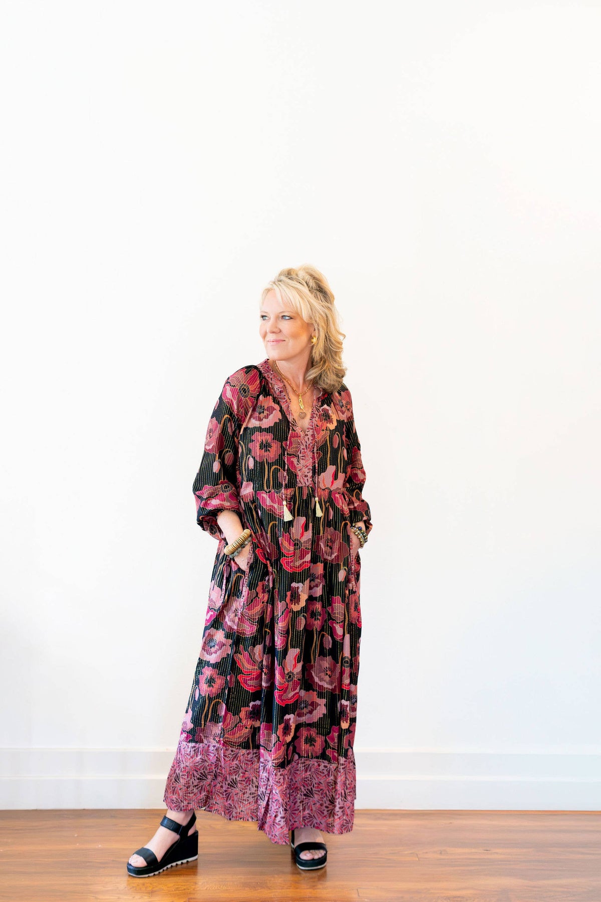 Fall Poppy Pink Side-Tie Ruffle Dress