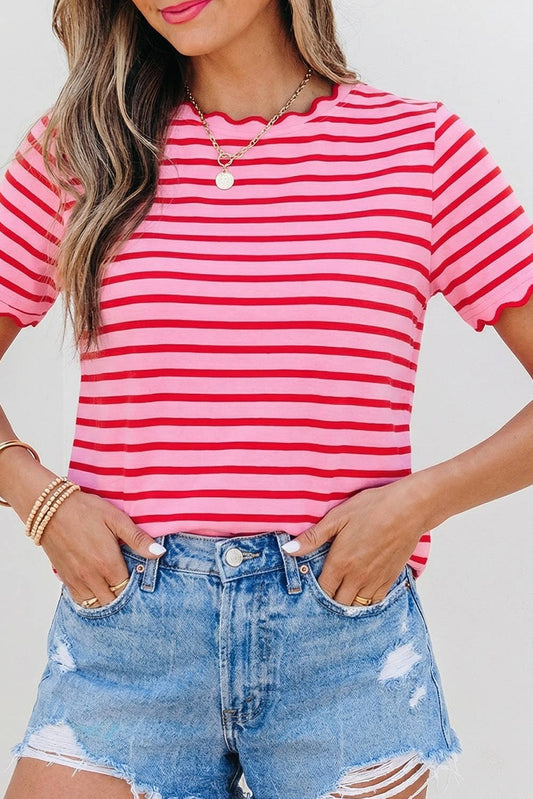 Stripe Scalloped Trim Round Neck T Shirt