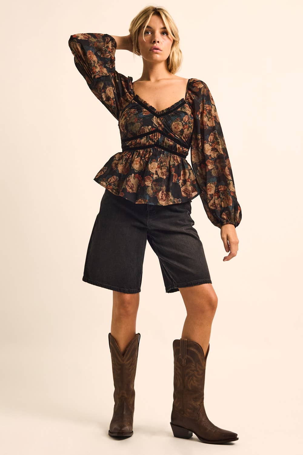 Floral-Print Velvet-Trim Babydoll Peasant Top