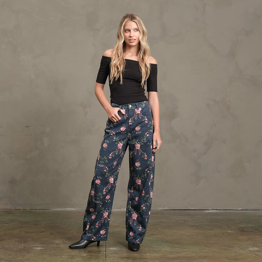 Floral Printed Denim Pants