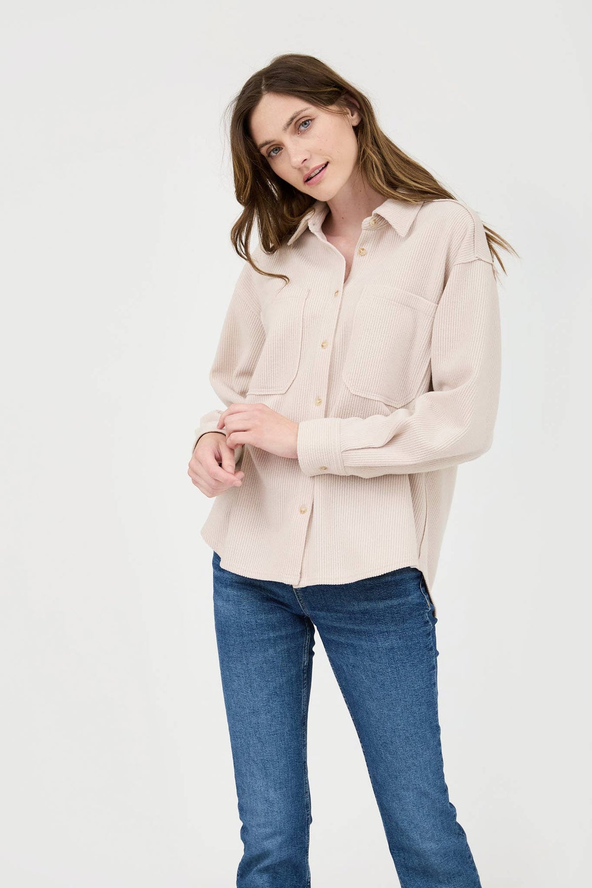 RIB KNIT EXPOSED SEAM BUTTON UP TOP